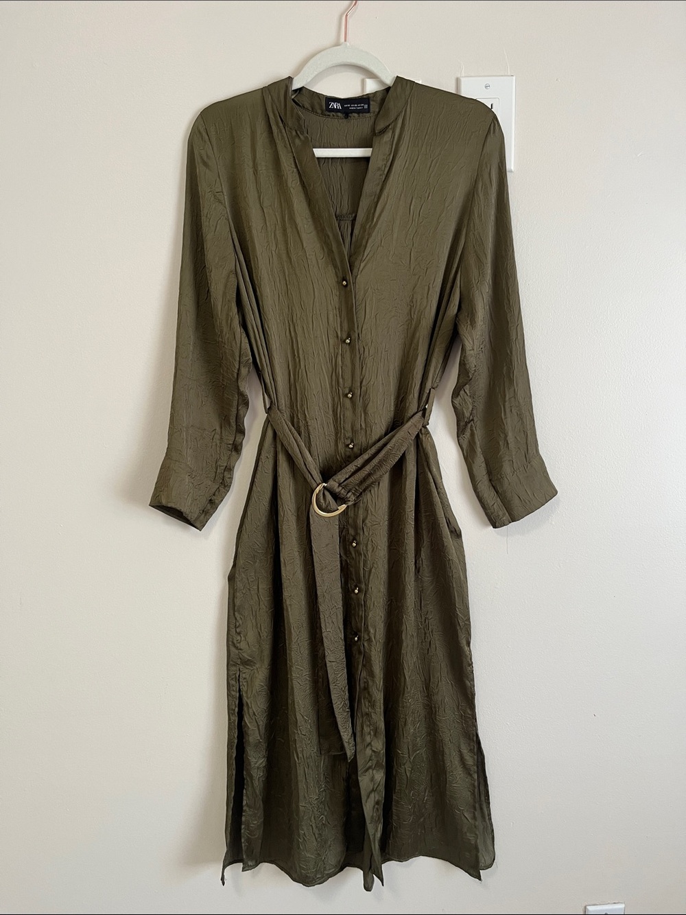 Zara Olive Green Button-Front Belted Midi Dress